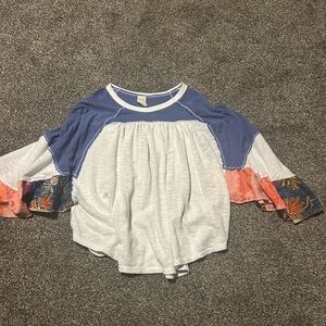 We The Free Blue and White Blouse with Colorful Sleeves